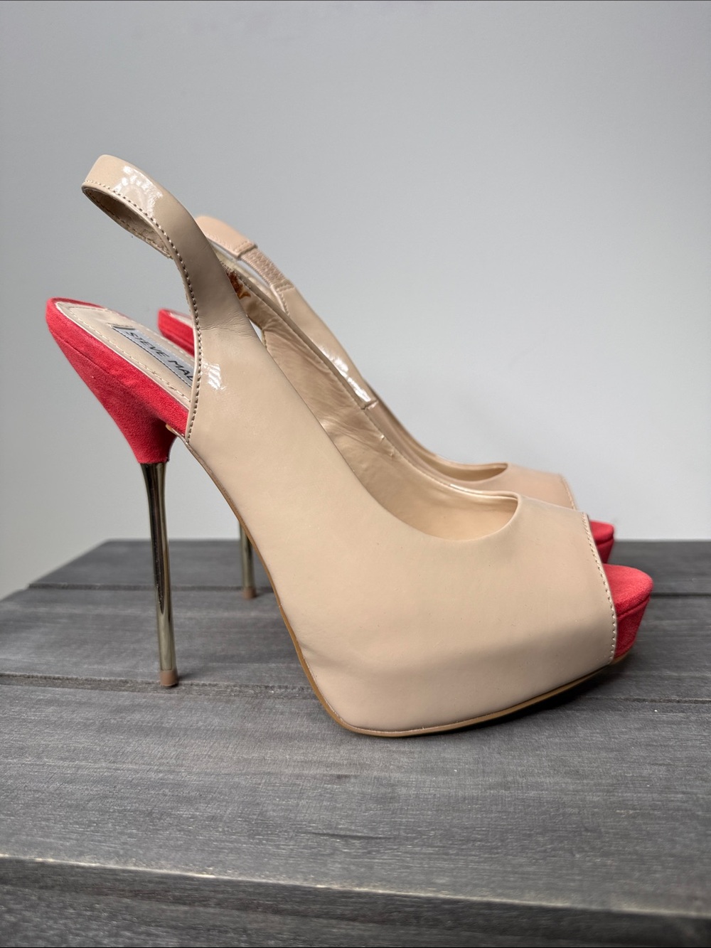 Steve Madden Beige and Coral Peep-Toe Slingback Heels
